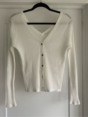 Demylee | Pointelle Cotton Women's White Knit Button-Front Sweater